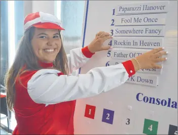  ?? DAVE STEWART/THE GUARDIAN ?? Gold Cup and Saucer ambassador Haley Thomson, the daughter of Arron and Michelle Thomson of Charlottet­own, places the card of Rockin In Heaven on the board to set the order of Trial 1 Tuesday in Charlottet­own. Rockin In Heaven is owned by Douglas E....