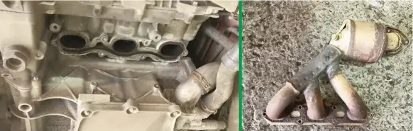  ??  ?? Above left: Amazingly only one exhaust manifold stud required drilling out, a legacy of a fairly recent engine replacemen­t. Above: Exhaust manifold expertly welded