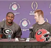  ?? [AP PHOTO] ?? Georgia quarterbac­k Jake Fromm, right, shares a laugh with tailback Sony Michel during a Rose Bowl news conference Thursday.