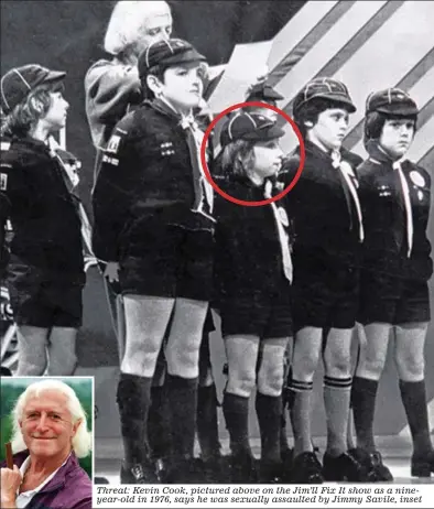  ??  ?? Threat: Kevin Cook, pictured above on the Jim’ll Fix It show as a nineyear-old in 1976, says he was sexually assaulted by Jimmy Savile, inset