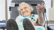  ??  ?? Beatrice Janyk, 95, is all smiles after donating blood in Vancouver this week.