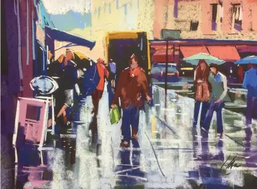  ?? ?? p Wet Day, High Street, Bath, pastel on UART black sanded paper 400 grade, 18324in (45.536cm).
Here I have gone for a chunkier approach with strong blocks of colour