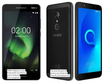  ??  ?? HMD’s Nokia 2.1 runs Android 8.1 Go Edition and is Android One-compliant. The new Alcatel 1X phone runs Android Oreo 8.1 Go Edition OS.