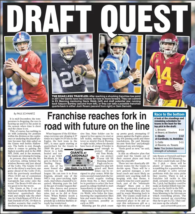  ??  ?? THE ROAD LESS TRAVELED: After reaching a shocking franchise low point in 2017, the Giants have two choices for how to move forward. They can commit to Eli Manning mentoring Davis Webb (left) and draft potential star running back Saquon Barkley (second...