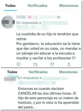  ?? ?? Algunos de los tuits que han solivianta­do a los padres de los alumnos expulsados por colgar la bandera de España para apoyar a la Selección