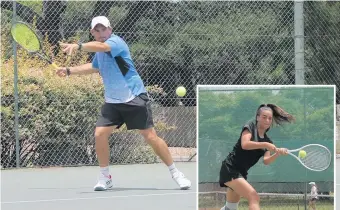  ?? ?? Local player and tennis coach Sarel van Rooyen in action. He won the men’s singles division by defeating Gerald Kruger from Gauteng 6-0, 6-3. Right: Erné Kotze plays a return shot. She competed in the division for girls u/16.