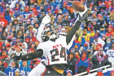  ?? JEFFREY T. BARNES/ASSOCIATED PRESS FILE PHOTO ?? Falcons cornerback A.J. Terrell defends a pass to the Bills' Stefon Diggs on Jan. 2 in Orchard Park, N.Y. Terrell is one of the NFL’s best corners. Atlanta will play the Saints today, hoping to play spoiler.