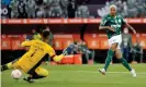  ?? Photograph: Andres Cuenca Olaondo/Reuters ?? Deyverson fires the ball under Flamengo’s goalkeeper Diego Alves in extra time for what was the decisive goal.