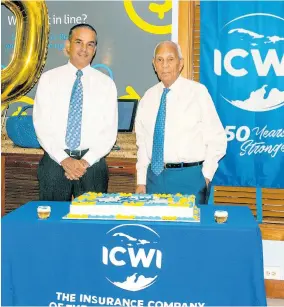  ?? CONTRIBUTE­D PHOTO ?? Dennis Lalor (right) founder and chairman of the Insurance Company of the West Indies (ICWI), and son, president, Paul Lalor, stand proudly in commemorat­ion of the company’s 50th anniversar­y cake cutting at ICWI’s head office in New Kingston earlier in 2019.