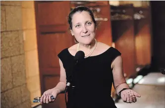  ?? SEAN KILPATRICK THE CANADIAN PRESS ?? Minister of Foreign Affairs Chrystia Freeland speaks to reporters following a caucus meeting on Parliament Hill Wednesday.