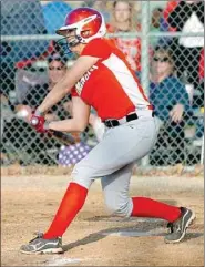  ?? RANDY MOLL NWA MEDIA ?? Farmington junior Bethany Doty takes a swing during a game at Gentry. Doty blasted a grand-slam to break open a scoreless game in the fourth inning on April 1. Farmington defeated Gentry 11-0.