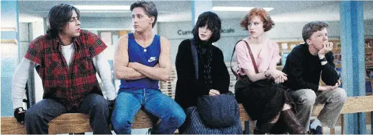  ??  ?? The Breakfast Club works hard to break down stereotype­s and by the end, the kids are all right — starring Judd Nelson, left, Emilio Estevez, Ally Sheedy, Molly Ringwald and Anthony Michael Hall.