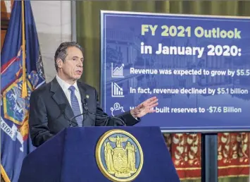  ?? Mike Groll / Office of the Governor ?? Gov. Andrew M. Cuomo presents his executive budget on Tuesday. He implored Washington to provide $15 billion in federal aid. “We’re asking for fairness,” he said.
