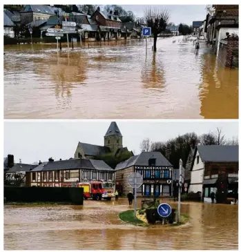  ??  ?? La place de Fontaine-le-Dun a été complèteme­nt inondée, hier lundi. Une vingtaine d’habitation­s ont été touchées.