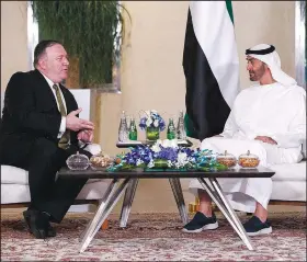  ?? AP/JACQUELYN MARTIN/Pool ?? Secretary of State Mike Pompeo (left) meets Monday with Abu Dhabi Crown Prince Sheikh Mohammed bin Zayed Al Nahyan in Abu Dhabi, United Arab Emirates.