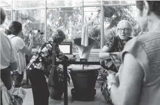  ?? Photos by AAron Ontiveroz, The Denver Post ?? People clamor to look at and photograph the corpse flower on Friday. The flower, a.k.a. Stinky, is in bloom at the Denver Botanic Gardens, and its scent is akin to rotting flesh or garbage left in a bin for days on end.