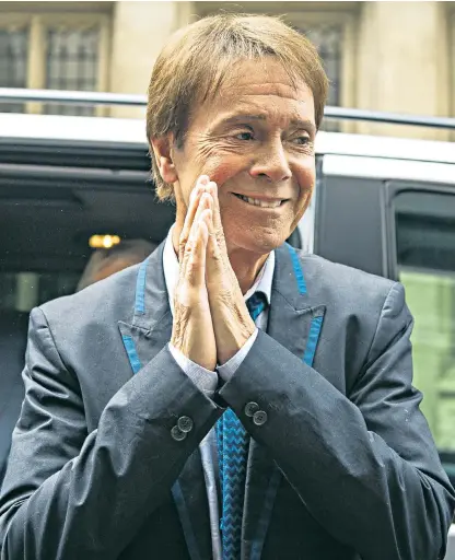  ??  ?? Sir Cliff Richard’s prayers were answered yesterday when he won his privacy case against the BBC over its coverage of a police raid on his home