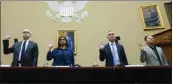  ?? CAROLYN KASTER — THE ASSOCIATED PRESS ?? From left, James Baker, former deputy General Counsel of Twitter; Vijaya Gadde, former chief legal officer of Twitter; Yoel Roth, former global head of trust & safety of Twitter; and former Twitter employee Anika Collier Navaroli, are sworn in to testify on Capitol Hill on Wednesday.