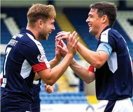  ??  ?? Team player: Stewart (left) celebrates his free-kick goal with captain O’Dea, who also got on the scoresheet