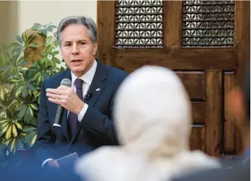  ?? MOHAMED ABD EL GHANY/POOL PHOTO ?? Secretary of State Antony Blinken talks to guests Sunday at the American University in Cairo, the first part of his Mideast trip. Blinken will also travel this week to Jerusalem and Ramallah in the occupied West Bank.