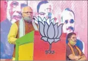  ?? SANT ARORA/HT ?? Haryana chief minister Manohar Lal Khattar addressing a virtual rally to mark the BJP government’s one-year in office at the Centre.