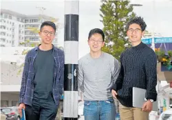  ?? PHOTO / JOHN BORREN ?? Han Li, Min-kyu Jung and Harry Yang, of bike-sharing company Onzo, visited Tauranga this week.