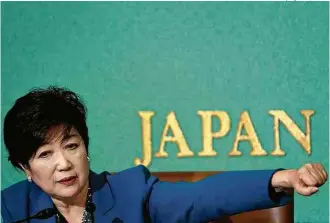  ?? Kim Kyung-Hoon/Reuters ?? Yuriko Koike, governador­a de Tóquio, em evento no Clube da Imprensa Nacional Japonesa