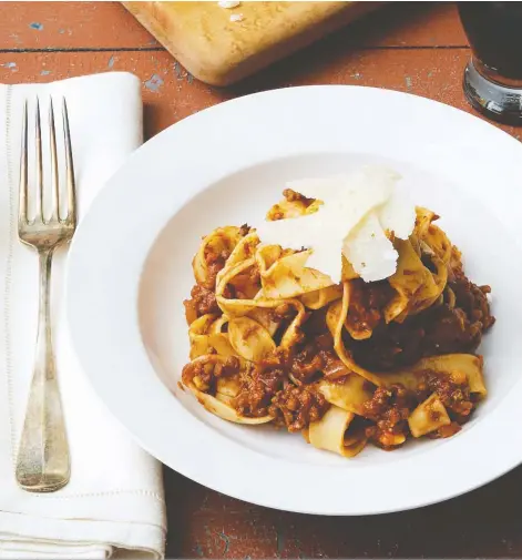  ??  ?? In Peace, Love and Fibre, Mairlyn Smith whips up bolognese with lentils as a delicious twist. The rich savoury sauce pairs well with a similar styled red.