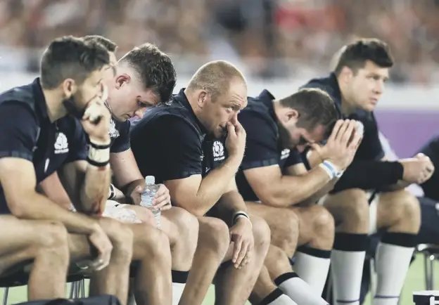  ?? PICTURE: DAVID DAVIES/PA ?? 0 The pain of World Cup eliminatio­n is etched on the faces of Tommy Seymour, Magnus Bradbury, WP Nel, Fraser Brown and Grant Gilchrist.