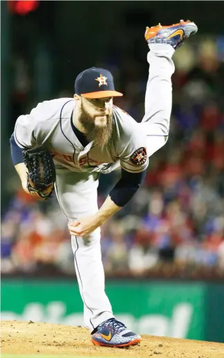  ??  ?? Houston Astros starting pitcher Dallas Keuchel kicks while throwing during the first inning of a baseball game against the Texas Rangers in Arlington, Texas, on Friday. (AP)