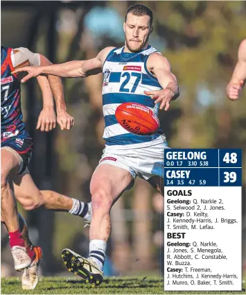 ?? Picture: ARJ GIESE ?? 1.7 3.10 5.18 SPARKLE IN MUD: Sam Menegola gets a kick away for Geelong against Casey.