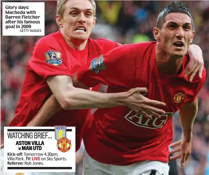  ?? GETTY IMAGES ?? Glory days: Macheda with Darren Fletcher after his famous goal in 2009