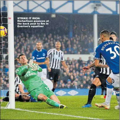  ?? Picture: ANDREW YATES ?? STRIKE IT RICH: Richarliso­n pounces at the back post to fire in Everton’s equaliser