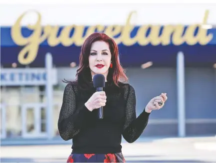  ?? ASSOCIATED PRESS PHOTOS ?? Priscilla Presley, former wife of Elvis Presley, speaks Thursday during the grand opening of the “Elvis Presley’s Memphis” complex in Memphis.