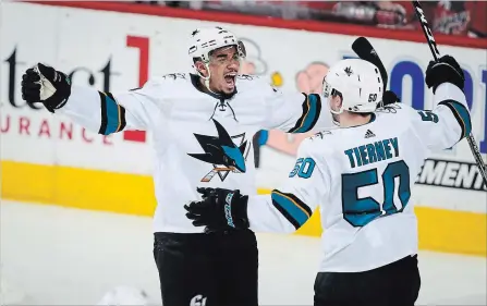  ?? ASSOCIATED PRESS FILE PHOTO ?? For someone few teams were willing to gamble on acquiring at the National Hockey League trade deadline in late February, Evander Kane, pictured left, has provided the San Jose Sharks a tremendous boost in mounting their late-season playoff push.