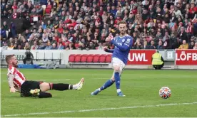  ?? Photograph: Mark Leech/Offside/Getty Images ?? James Maddison scores Leicester’s winner in their 2-1 victory at Brentford, to lift them into the top half of the table.