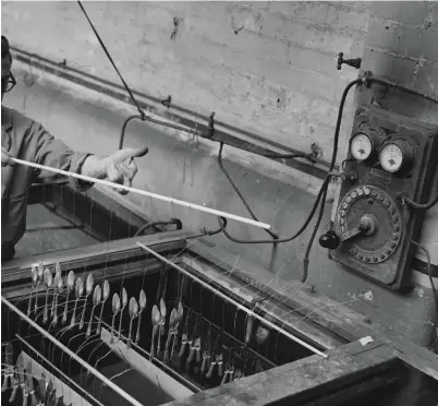  ??  ?? Electropla­ting knives and spoons in a Sheffield factory