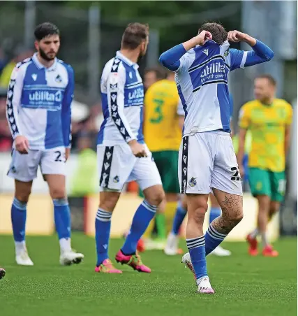  ?? Picture: Alex James/JMP ?? Harvey Saunders, right, shows his disappoint­ment after Rovers were beaten by Swindon