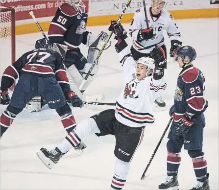  ?? BOB TYMCZYSZYN
THE ST. CATHARINES STANDARD ?? Niagara’s Jason Robertson celebrates a power-play goal in Ontario Hockey League action versus Saginaw Thursday night at Meridian Centre.