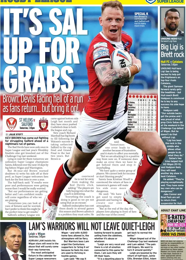  ??  ?? SPECIAL K Kev Brown is confident he and Salford will run in many more tries