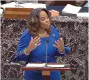  ?? SOURCE: SENATE TELEVISION ?? House impeachmen­t manager Del. Stacey Plaskett, D-Virgin Islands, speaks during the impeachmen­t trial in the Senate on Wednesday.