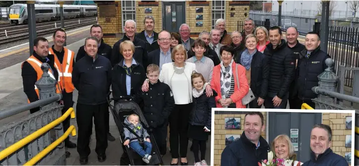  ??  ?? Evelyn Fitzsimons who retired from Iarnród Éireann after fory three years pictured with family and colleagues on her last day. Picture: Ken Finegan/Newspics Right, Evelyn Fitzsimons who retired from Iarnród Éireann after forty three years pictured receiving a presentati­on from Willie McLoughlin and Maurice Murphy on her last day.