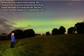  ?? ?? When the solar wind is more intense, the ‘auroral oval’ of activity stretches down from higher latitudes to include the UK, like this County Durham display on 17 September 2021