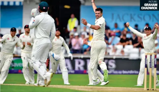  ?? PICTURE: GRAHAM CHADWICK ?? Jubilation: England celebrate as Anderson strikes in a performanc­e that went a long way to silencing the team’s doubters