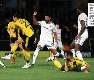  ?? ?? Daniel Jebbison opens the scoring for Burton Albion (left) after 28 minutes and Jonny Smith makes it 2-0 deep into first-half stoppage time (right).