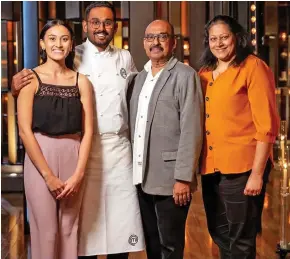  ?? Photo: MasterChef Australia ?? The Narayan family supporting Justin on the MasterChef Australia 13 show before the suspensful finale on Tuesday night , Esther Narayan, Justin Narayan, Alick Narayan, Sunita Narayan.