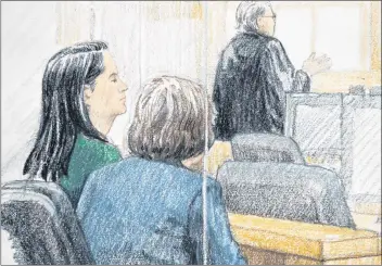  ?? CP PHOTO ?? In this courtroom sketch, Meng Wanzhou, left, the chief financial officer of Huawei Technologi­es, sits beside a translator during a bail hearing at B.C. Supreme Court in Vancouver on Friday.