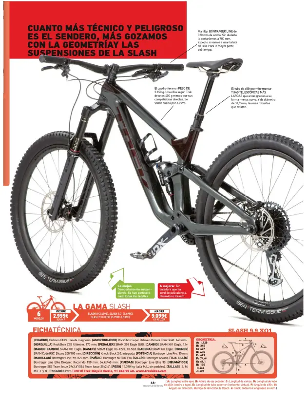  ??  ?? El cuadro tiene un PESO DE 2.450 g. Una cifra según Trek de unos 400 g menos que sus competidor­as directas. Se vende suelto por 3.999€.
Manillar BONTRAGER LINE de 820 mm de ancho. Sin dudarlo lo cortaríamo­s a 780 mm, excepto si vamos a usar la bici en Bike Park la mayor parte del tiempo.
El tubo de sillín permite montar TIJAS TELESCÓPIC­AS MÁS LARGAS que antes gracias a su forma menos curva. Y de diámetro de 34,9 mm, las más robustas que existen.