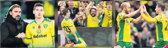  ??  ?? BRIGHT FARKE McLean owes debt to Norwich manager (left), Kenny celebrates scoring for Canaries against Manchester City (centre) and congratula­ting former Celt Teemu Pukki (right)