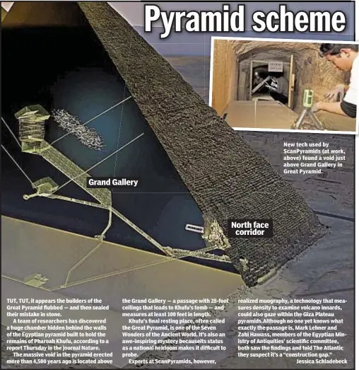  ??  ?? New tech used by ScanPyrami­ds (at work, above) found a void just above Grand Gallery in Great Pyramid. Grand Gallery North face corridor